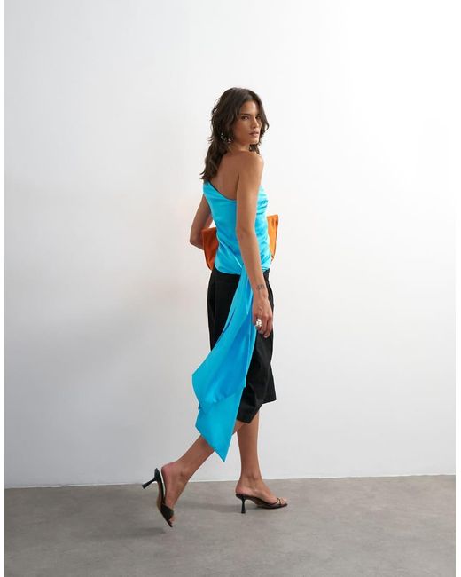 TOPSHOP Blue Slash Tie Detailing Satin Top