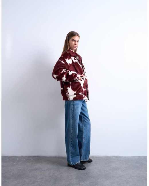 TOPSHOP Red Faux Fur Cow Print Bomber Jacket