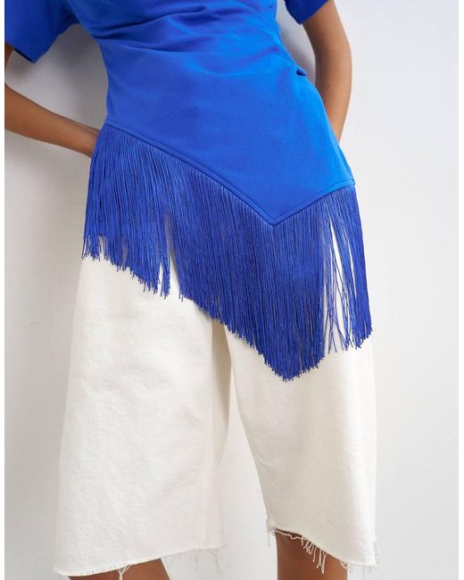 TOPSHOP Blue Fringed Wrap Front Tassel Hem Tee