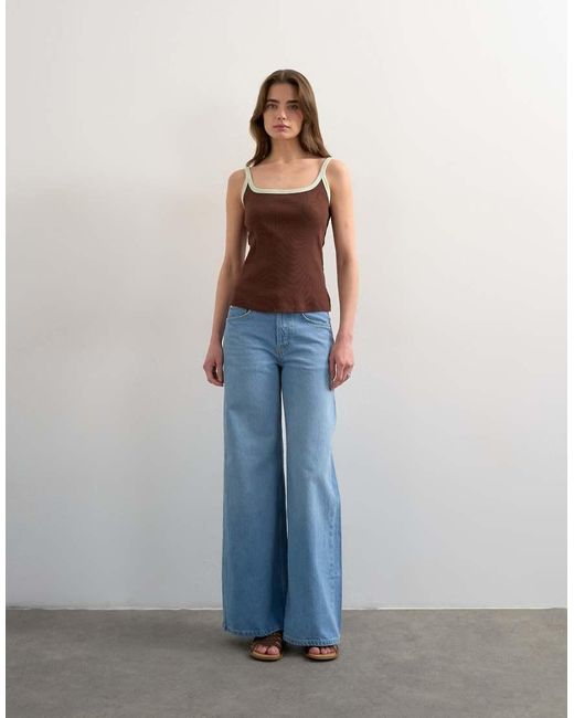 TOPSHOP Brown Contrast Rib Scoop Skinny Strap Vest