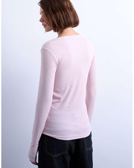 TOPSHOP White Premium Rib Long Sleeve Wide Scoop Neck Top