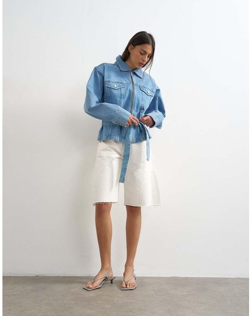TOPSHOP Blue Denim Cinched Shoulder Pad Jacket