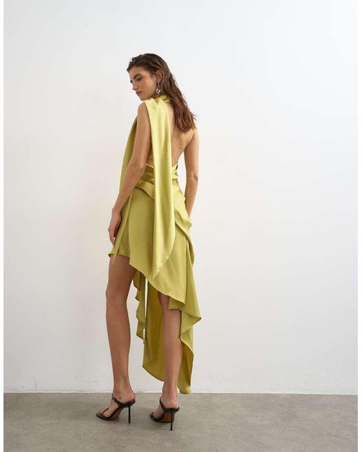 TOPSHOP Yellow Premium Satin Halter Asymmetric Mini Dress With Scarf Detail
