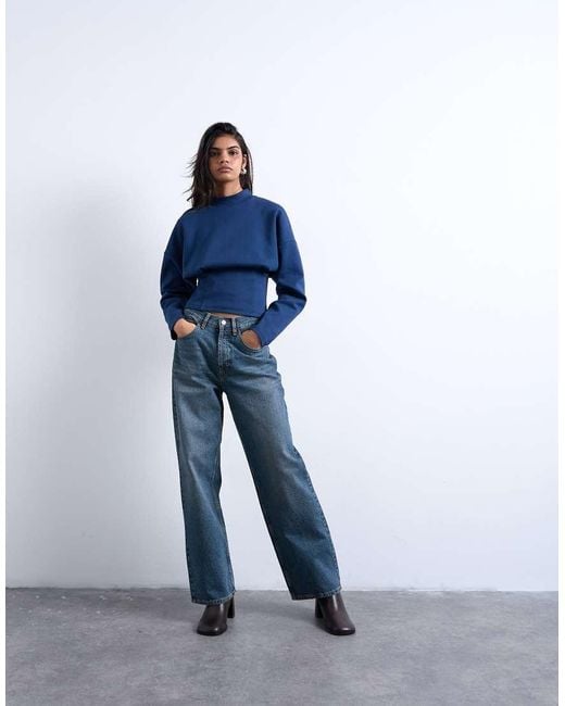 TOPSHOP Blue Interlock Corset Waist Long Sleeve Top