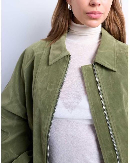 TOPSHOP Green Faux Suede Zip Through Seam Detail Jacket