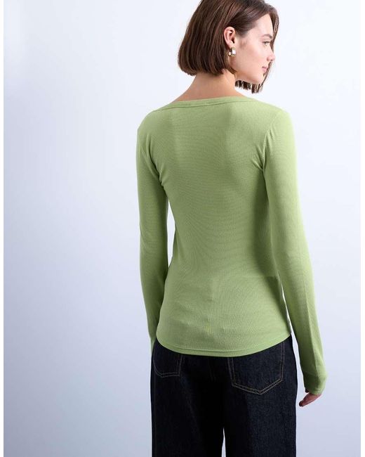 TOPSHOP Green Premium Rib Long Sleeve Wide Scoop Neck Top
