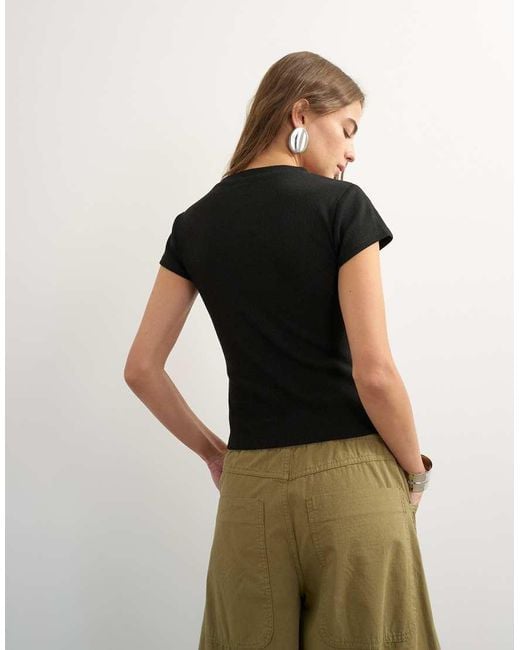 TOPSHOP Black Button Through Short Sleeve Top