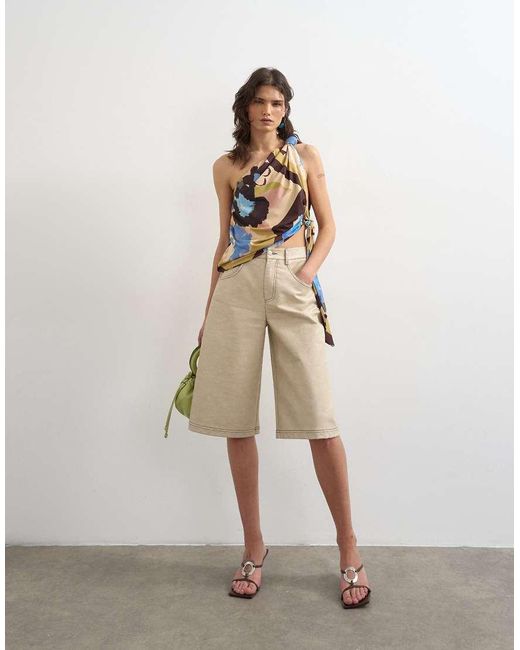 TOPSHOP Natural Printed Knot Detail One Shoulder Top