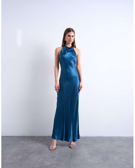 TOPSHOP Blue High Neck Cowl Maxi Dress
