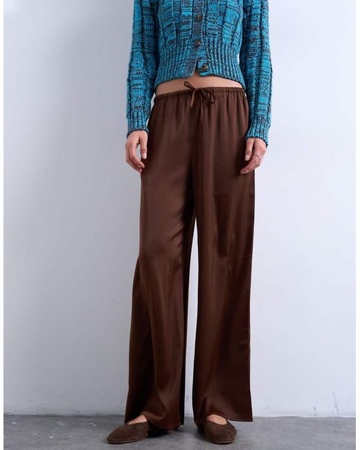 TOPSHOP White Satin Tie Waist Wide Leg Trouser