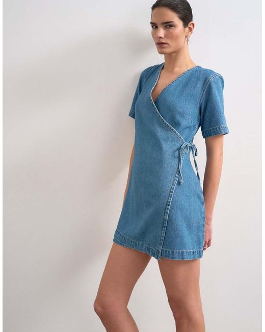 TOPSHOP Blue Denim Mini Wrap Dress