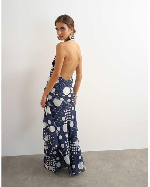 TOPSHOP Blue Halter Neck Dropped Waist Tie Detail Maxi Dress