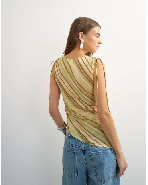TOPSHOP Blue Mesh Stripe Ruched Shoulder Asymmetric Top