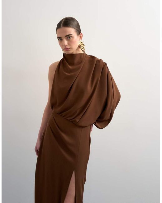 TOPSHOP Brown One Sleeve Drape Maxi Dress