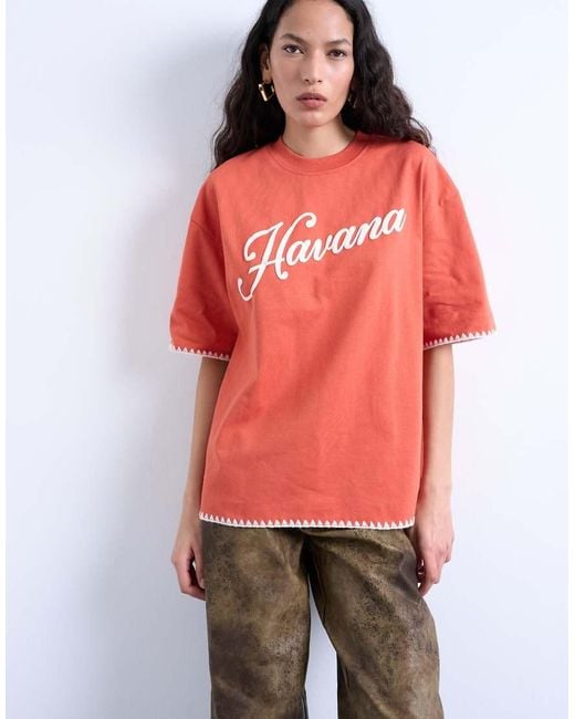 TOPSHOP Red Graphic 'havana' Oversized Whip Stitch Tee