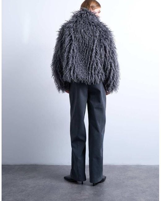 TOPSHOP Blue Zip Through Mongolian Faux Fur Bomber