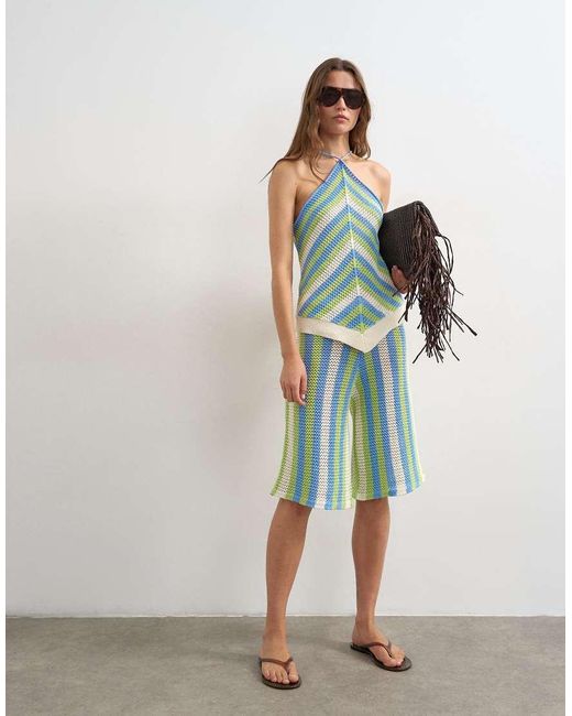 TOPSHOP Green Knitted Mix Stripe Co-Ord Stitchy Halter Top