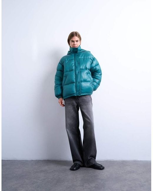 TOPSHOP Blue High Shine Ripstop Puffer Jacket