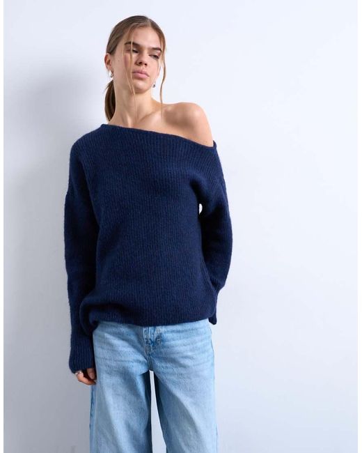 TOPSHOP Blue Knitted Asymmetric One-shoulder Top