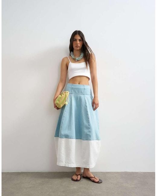 TOPSHOP Blue Denim Barrel Seamed Maxi Skirt