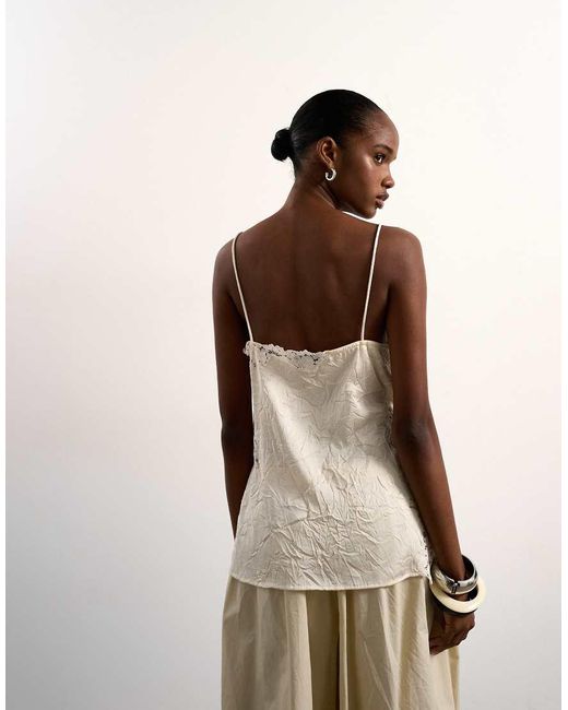 TOPSHOP Natural Crinkle Satin Top With Lace Inserts