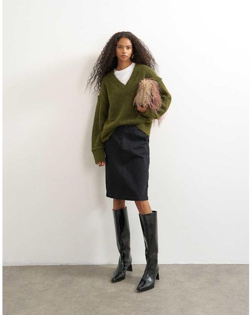 TOPSHOP Green Knitted Deep V Neck Jumper With Wool