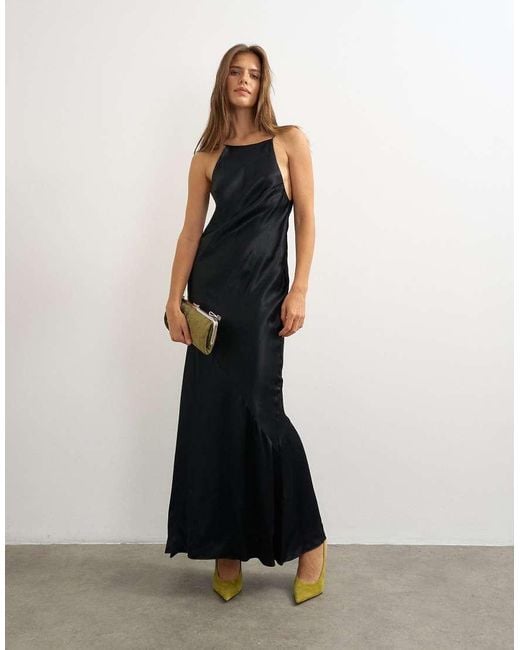 TOPSHOP White Satin Bias Halter Neck Open Scoop Back Maxi Dress