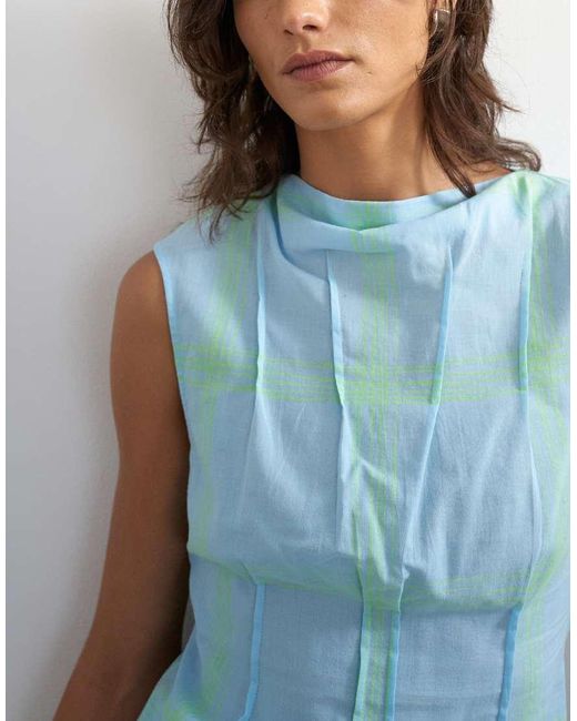 TOPSHOP Blue Co-ord Grown On Neck Pin Tuck Top