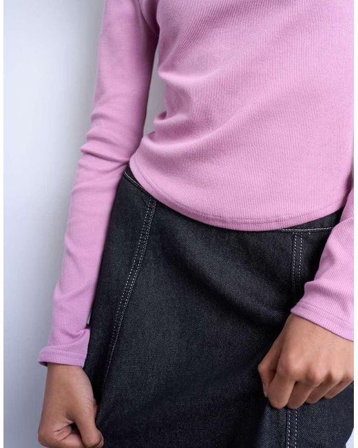TOPSHOP Purple Rib Long Sleeve Curved Hem Top
