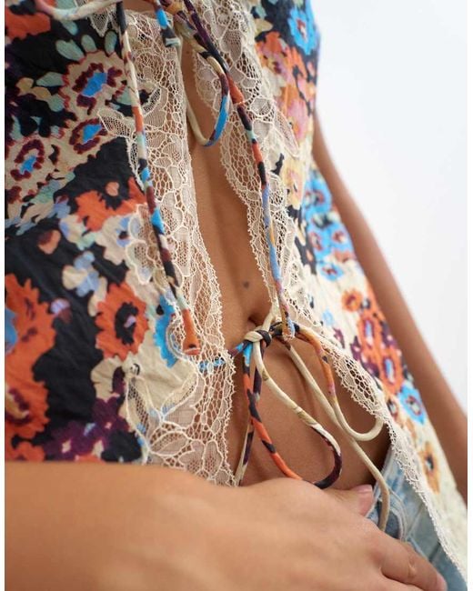 TOPSHOP Blue Cap Sleeve Asymmetric Tie Front Lace Detail Top