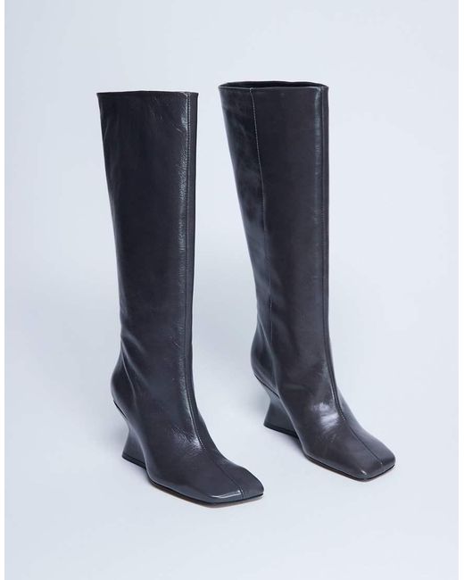 TOPSHOP Blue Selma Premium Leather Knee High Wedge Boot