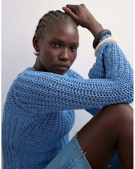 TOPSHOP Blue Knit Open Stitch Long Sleeve Top