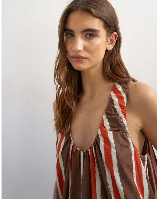 TOPSHOP Brown Cotton Poplin Ruched Neck Maxi Sundress