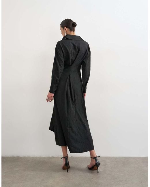 TOPSHOP Blue Open Collar Ruched Long Sleeve Midi Shirt Dress