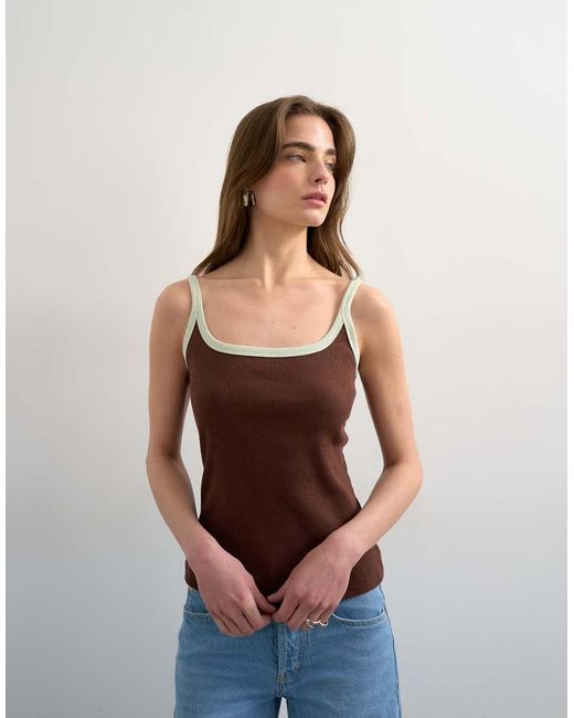 TOPSHOP Brown Contrast Rib Scoop Skinny Strap Vest