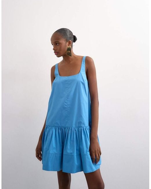 TOPSHOP Blue Poplin Dropped Waist Square Neck Mini Chuck On Sundress