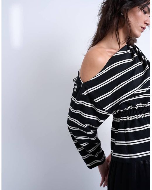 TOPSHOP Black Off The Shoulder Ruched Detail Long Sleeve Top