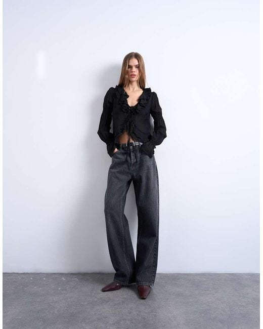 TOPSHOP Black Ruffle Tie Front Long Sleeve Top