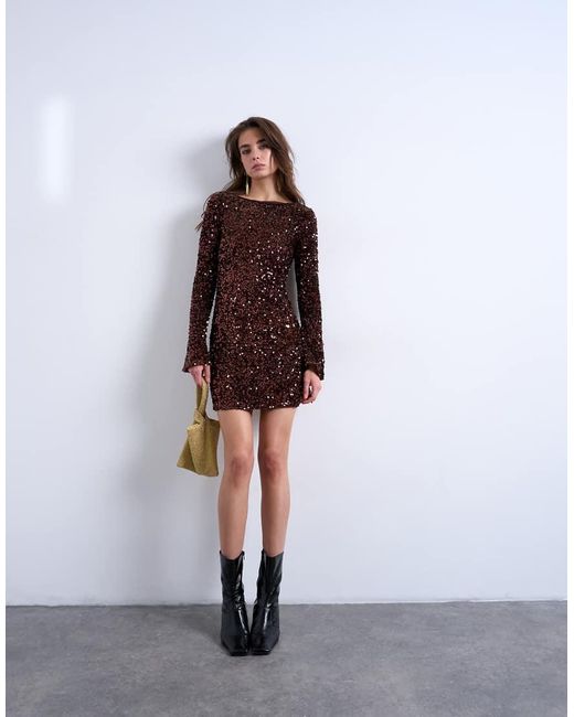 TOPSHOP Brown Longsleeve Cowl Back Mini Sequin Velvet Dress
