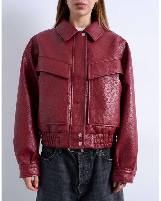 TOPSHOP Red Faux Leather Bubble Boxy Zip Through Pocket Bomber Jacket