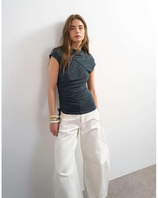 TOPSHOP Blue Ruched Detail Cupro Top