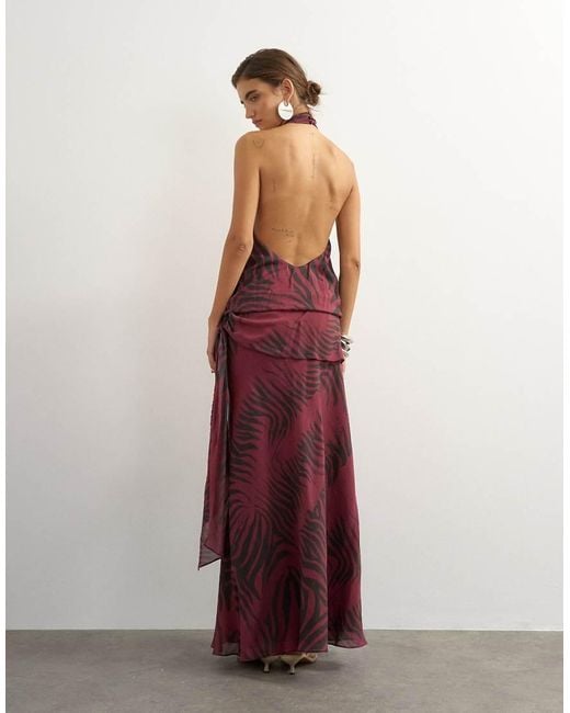 TOPSHOP Multicolor Halter Neck Dropped Waist Tie Detail Maxi Dress