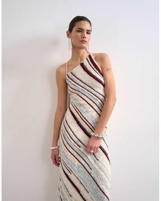 TOPSHOP White Knitted Asymmetric Stripe Full Skirt Dress
