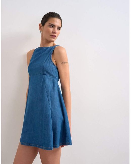 TOPSHOP Blue Denim Slash Neck Flippy Mini Dress
