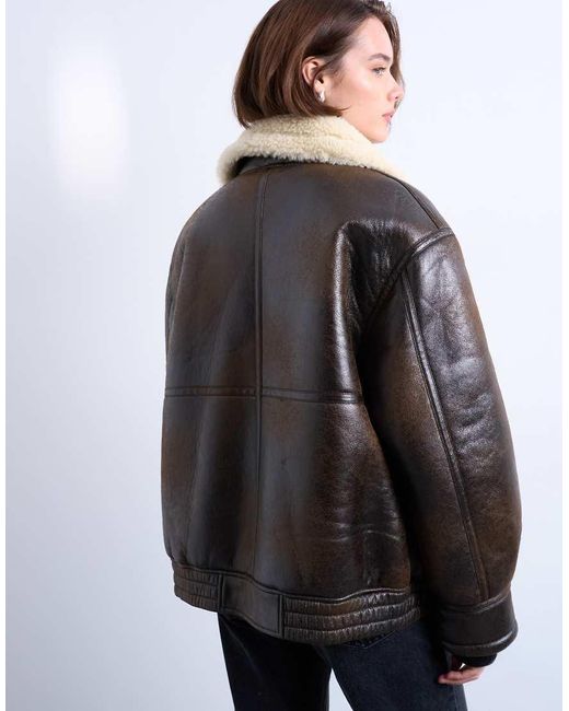 TOPSHOP White Oversized Tab Detail Shearling Bomber Jacket