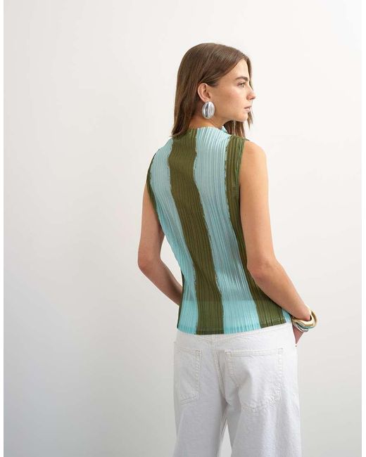 TOPSHOP Blue Stripe Plisse Grown On Neck Tank