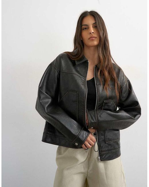TOPSHOP Black Faux Leather Zip Through Jacket With Patch Pockets