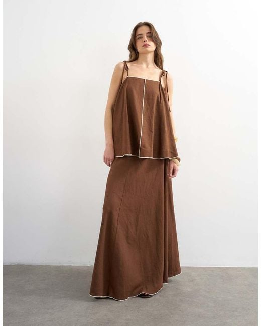 TOPSHOP Brown Co-Ord Linen Rich Cami Top With Ecru Contrast Piping