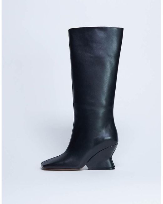 TOPSHOP Blue Selma Premium Leather Knee High Wedge Boot