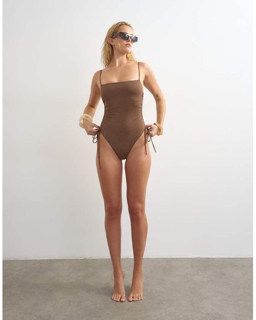 TOPSHOP Brown Chloe Swimsuit With Ruched Sides